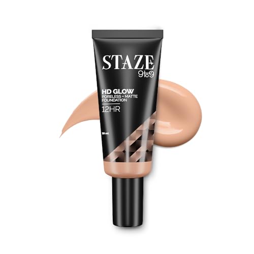 Staze Liquid 9To9 Hd Glow Poreless + Matte Foundation | Flawless & Finish Buildable Coverage Sweatproof 12H Longlasting |Easily Blendable| Suitable For All Skin Types 228C Latte 18 M