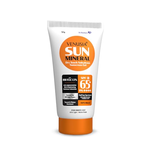 Venusia Mineral sunscreen SPF65I Full spectrum protection I UVA, UVB, Blue light protect I with Anti-oxidant I Sweat & water resistant I No white cast I clinically tested for all skin types I 50 g