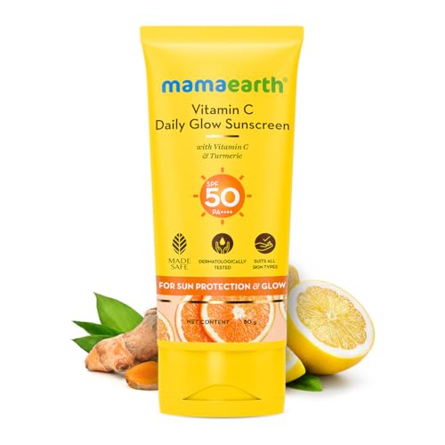 Mamaearth Vitamin C Daily Glow Sunscreen with Vitamin C & Turmeric for Sun Protection & Glow - 80 g | SPF 50 PA++++ | No White Cast | Lightweight & Non-Sticky | Brightens Skin | For All Skin Types