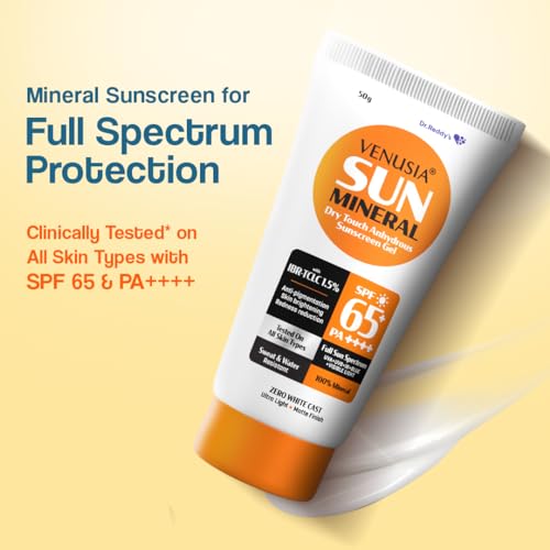 Venusia Mineral sunscreen SPF65I Full spectrum protection I UVA, UVB, Blue light protect I with Anti-oxidant I Sweat & water resistant I No white cast I clinically tested for all skin types I 50 g