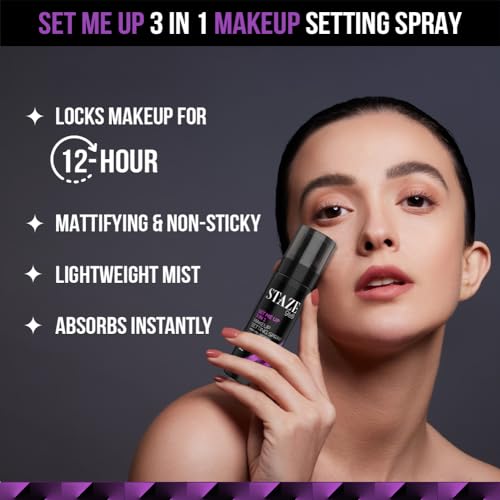 Staze 9to9 Set Me Up Makeup Setting Spray | 3 In 1 Prep + Fix + Refresh | Locks Makeup for 12H | Mattifying & Non-sticky | Absorbs Instantly | 100 ml