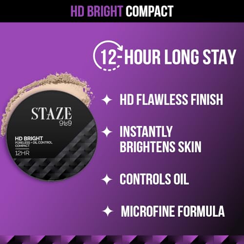 Staze 9To9 Hd Bright Poreless + Oil Control Compact Hd Flawless Matte Finish For All Skins Evens Complexion Controls Oil Lightweight Microfine Formula Vitamin E Enriched 128C Cashmere 9G, Beige