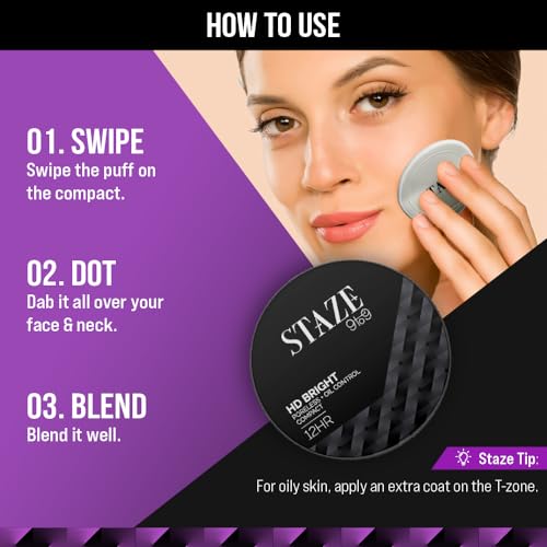 Staze 9To9 Hd Bright Poreless + Oil Control Compact Hd Flawless Matte Finish For All Skins Evens Complexion Controls Oil Lightweight Microfine Formula Vitamin E Enriched 128C Cashmere 9G, Beige