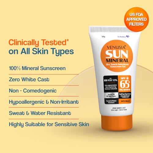 Venusia Mineral sunscreen SPF65I Full spectrum protection I UVA, UVB, Blue light protect I with Anti-oxidant I Sweat & water resistant I No white cast I clinically tested for all skin types I 50 g