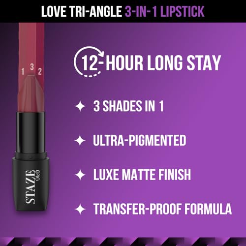 Staze 9To9 Love Tri-Angle 3 In 1 Matte Lipstick |3 Unique Shades In 1 | Transfer-Proof | 12 H Longstay | Non Drying Formula With Intense Color Payoff | 05 Truffle Blush | 3.8 G