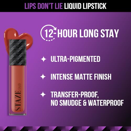 Staze 9to9 Lips Don't Lie Matte + Transferproof Liquid Lipstick |Intense Color Payoff | Lightweight & Comfortable | 12 Hour Long Stay| 04 Toffee Trouble | 4 ml