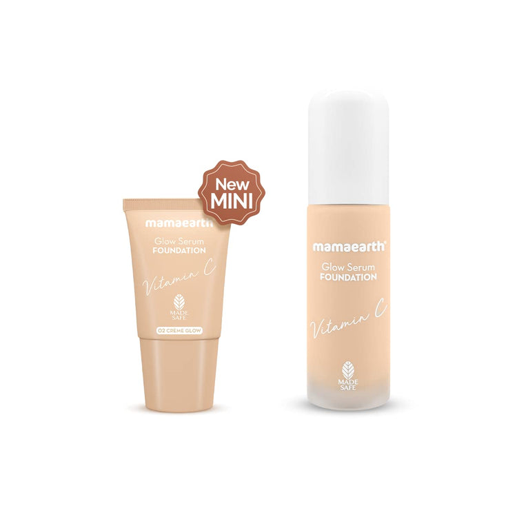 Mamaearth Glow Serum Medium Coverage Natural Foundation For All Skin Type Mini Tube With Vitamin C & Turmeric For 12-Hour Long Stay- 18 Ml L 12-Hour Long Stay | 2X Instant Glow (Crème Glow)