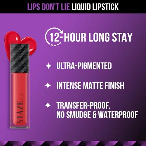 Staze 9to9 Lips Don't Lie Matte + Transferproof Liquid Lipstick |Intense Color Payoff | Lightweight & Comfortable | 12 Hour Long Stay| 06 Raspberry Rush | 4 ml