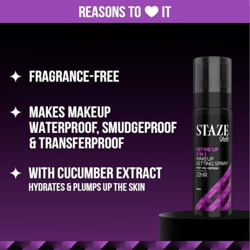 Staze 9to9 Set Me Up Makeup Setting Spray | 3 In 1 Prep + Fix + Refresh | Locks Makeup for 12H | Mattifying & Non-sticky | Absorbs Instantly | 100 ml