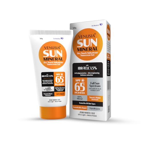 Venusia Mineral sunscreen SPF65I Full spectrum protection I UVA, UVB, Blue light protect I with Anti-oxidant I Sweat & water resistant I No white cast I clinically tested for all skin types I 50 g