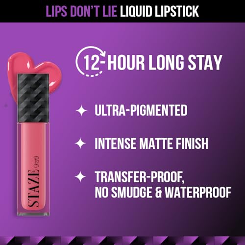 Staze 9to9 Lips Don't Lie Matte + Transferproof Liquid Lipstick|Intense Color Payoff | Lightweight & Comfortable | 12 Hour Long Stay| 08 Blushing Babe | 4 ml