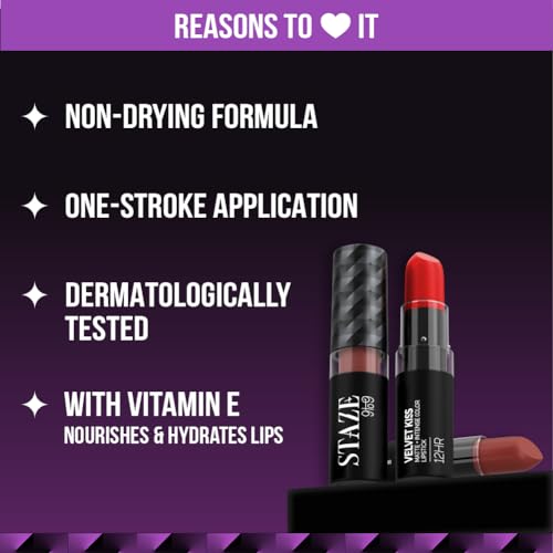 Staze 9to9 Velvet Kiss Matte + Intense Color Lipstick |12H Long Stay | Non-drying Formula | Matte Finish |Lightweight & Comfortable | 04 Red Set Go | 3.8g