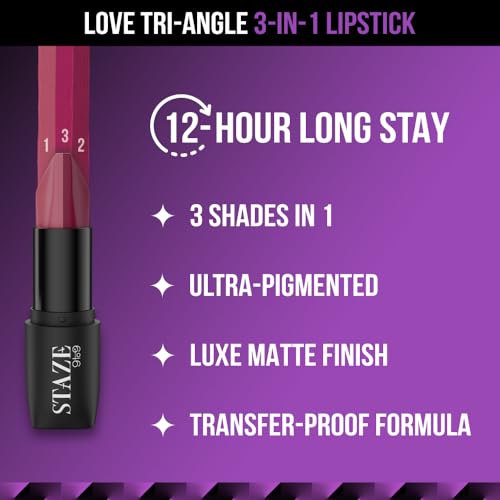 Staze 9To9 Love Tri-Angle 3 In 1 Matte Lipstick |3 Unique Shades In 1 | Transfer-Proof | 12 H Longstay | Non Drying Formula With Intense Color Payoff | 04 Nude Orchid | 3.8 G