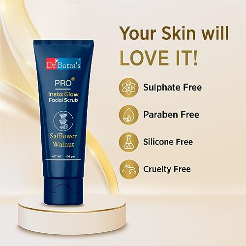 Dr Batra's PRO+ Insta Glow Facial Scrub. Unclogs Skin Pores. Brightens Skin Tone, Provides Even Complexion | With Echinacea, Safflower, Walnut 100 G.