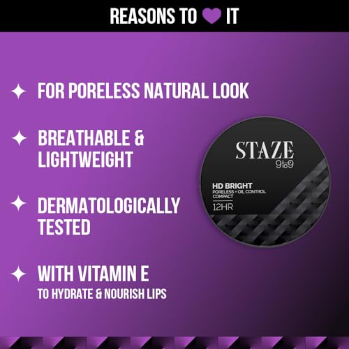 Staze 9To9 Hd Bright Poreless + Oil Control Compact |Hd Flawless Matte Finish |Evens Complexion | Controls Oil | Lightweight Microfine Formula | Vitamin E Enriched | 200W Beige | 9G - All