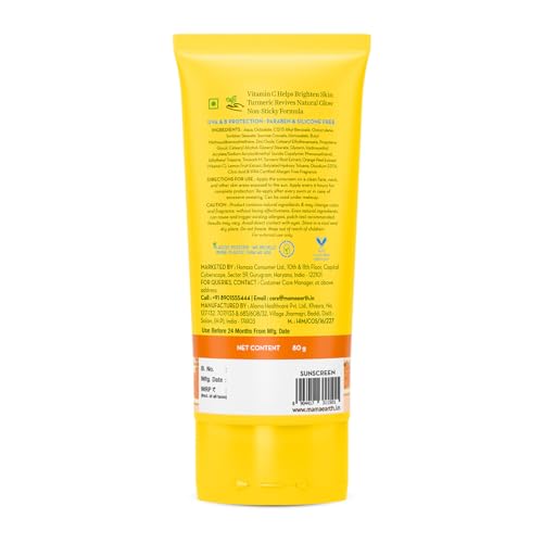 Mamaearth Vitamin C Daily Glow Sunscreen with Vitamin C & Turmeric for Sun Protection & Glow - 80 g | SPF 50 PA++++ | No White Cast | Lightweight & Non-Sticky | Brightens Skin | For All Skin Types