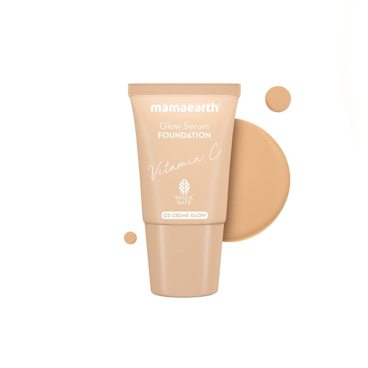 Mamaearth Glow Serum Medium Coverage Natural Foundation For All Skin Type Mini Tube With Vitamin C & Turmeric For 12-Hour Long Stay- 18 Ml L 12-Hour Long Stay | 2X Instant Glow (Crème Glow)