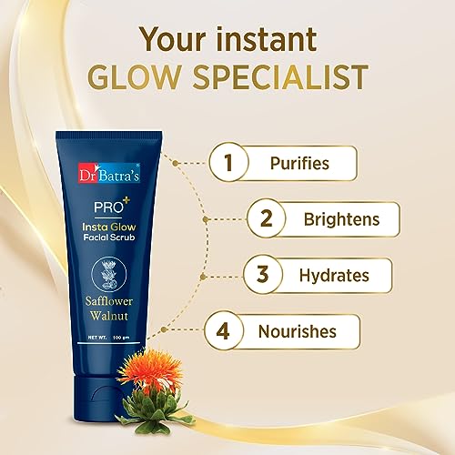 Dr Batra's PRO+ Insta Glow Facial Scrub. Unclogs Skin Pores. Brightens Skin Tone, Provides Even Complexion | With Echinacea, Safflower, Walnut 100 G.