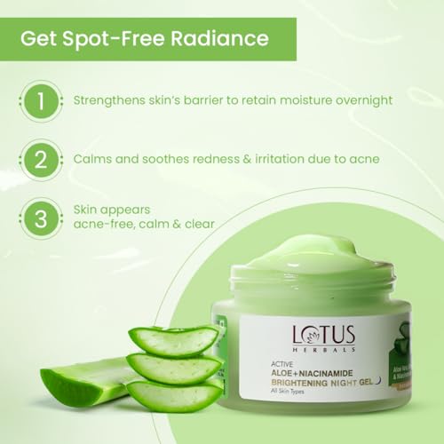 Lotus Herbals Active Aloe + Niacinamide Calm & Brighten Night Gel | Moisturize Skin | Paraben-free | All Skin Type | 50gm