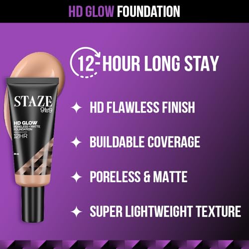 Staze Liquid 9To9 Hd Glow Poreless + Matte Foundation | Flawless & Finish Buildable Coverage Sweatproof 12H Longlasting |Easily Blendable| Suitable For All Skin Types 228C Latte 18 M