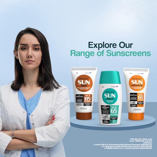 Venusia Water based sunscreen I SPF 65 I 8hrs hydration lock I UVA, UVB protection I No white cast I 50 g