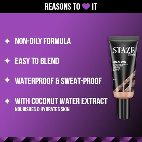 Staze Liquid 9To9 Hd Glow Poreless + Matte Foundation | Flawless & Finish Buildable Coverage Sweatproof 12H Longlasting |Easily Blendable| Suitable For All Skin Types 228C Latte 18 M