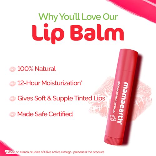 Mamaearth Nourishing Tinted 100% Natural Lip Balm With Vitamin E And Strawberry - 4 G|12-Hour Moisturization|Naturally Red Lips|For Dry&Chapped Lips|Natural Tint|Brightens Lips|Tinted Lip Balm