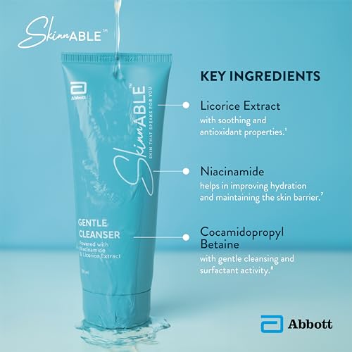 Abbott Skinnable Gentle Cleanser with Niacinamide, licorice glycolic extract, glycerin, Glyceryl laurate, Lactic acid, pH balanced, Paraben free, Soap free, anti-acne facewash for Women & Men 100ml