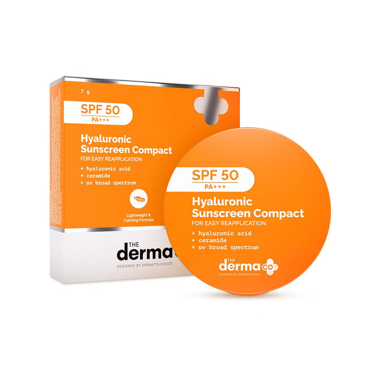 The Derma Co Hyaluronic Sunscreen Compact Powder SPF 50 PA+++ with Ceramides | Matte Finish | Even Skin Tone | Oil Control | Non sticky - 7g