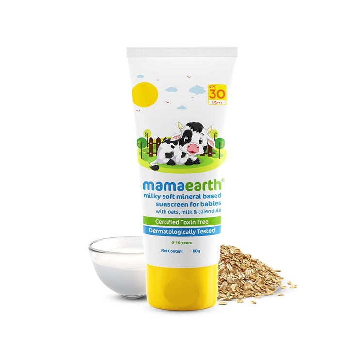 Mamaearth Milky Soft Mineral Based Sunscreen SPF 30 & PA+++ with Oats, Milk and Calendula for Babies- 80 g | Made Safe Certified | Toxin Free