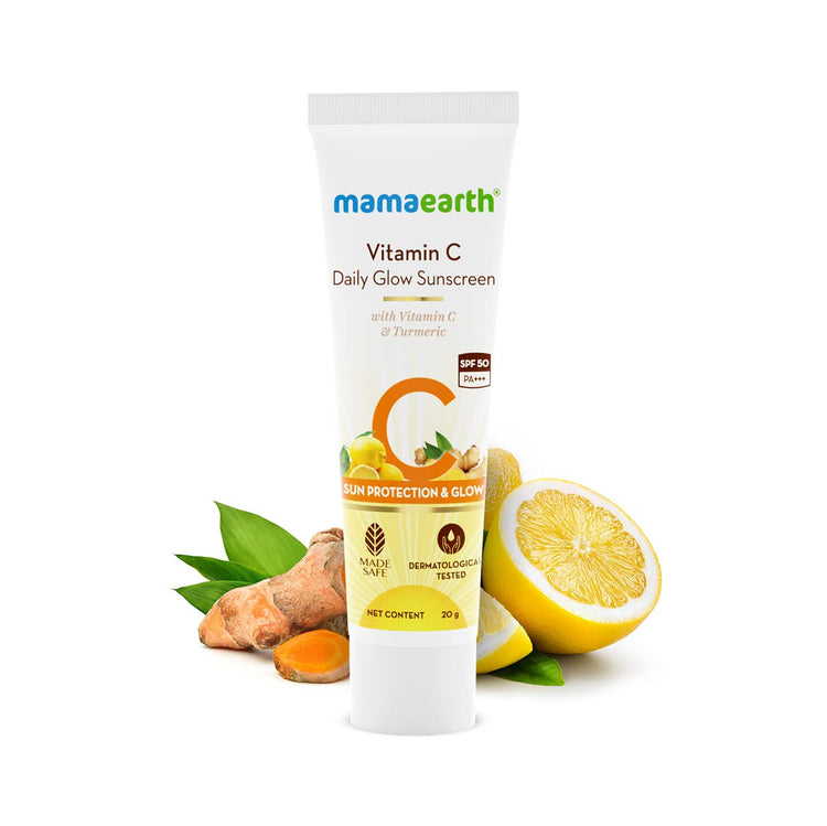 Mamaearth Daily Glow Sunscreen For All Skin Types Spf 50 Pa+++, No White Cast With Vitamin C & Turmeric For Sun Protection & Glow - 20 G, Pack Of 1