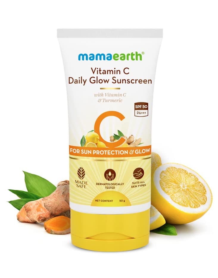 Mamaearth Vitamin C Daily Glow Sunscreen with Vitamin C & Turmeric for Sun Protection & Glow - 50 g | SPF 50 PA++++ | No White Cast | Lightweight & Non-Sticky | Brightens Skin | For All Skin Types