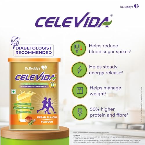 Celevida Protein Powder Drink for Diabetes Management by Dr. Reddy’s | Kesar Elaichi Flavour | No Added sugar | Plant based | For Sugar control, Weight Management & Immunity Support | 400gm I Pack of 1