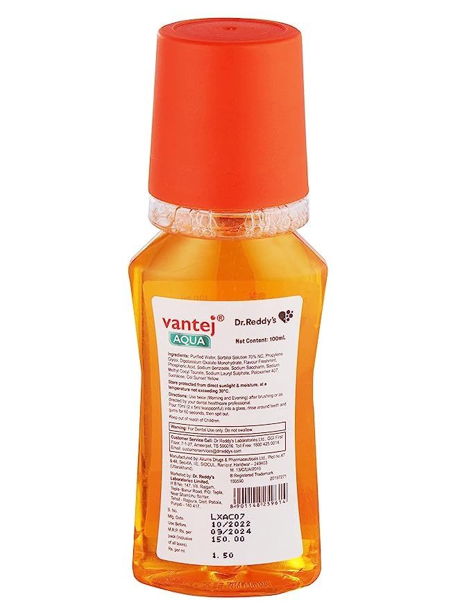 Vantej Dr Reddy's Aqua, Advanced Protection Mouthwash For Sensitive Teeth, Rapid Sensitivity Pain Relief In 3 Days, Zero Alcohol, With Fresh Mint Flavour, 100 Ml