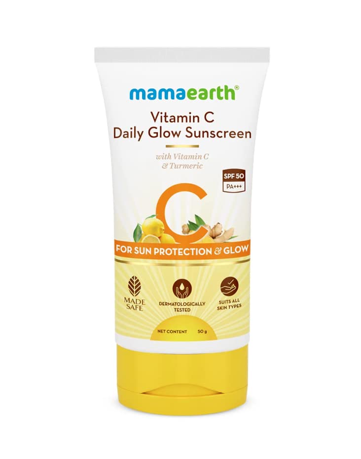 Mamaearth Vitamin C Daily Glow Sunscreen with Vitamin C & Turmeric for Sun Protection & Glow - 50 g | SPF 50 PA++++ | No White Cast | Lightweight & Non-Sticky | Brightens Skin | For All Skin Types