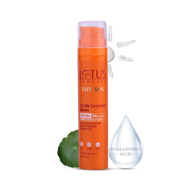 Lotus Herbals UltraRx Sunscreen Serum SPF 60+ PA++++ | No White Cast | No Breakouts | Cica & Hyaluronic | Dermatologically Tested | 50ml