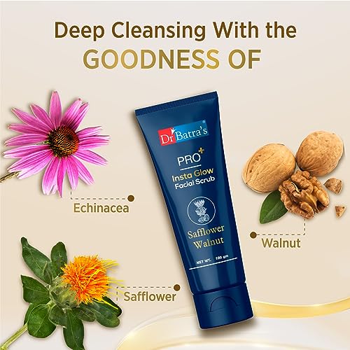 Dr Batra's PRO+ Insta Glow Facial Scrub. Unclogs Skin Pores. Brightens Skin Tone, Provides Even Complexion | With Echinacea, Safflower, Walnut 100 G.