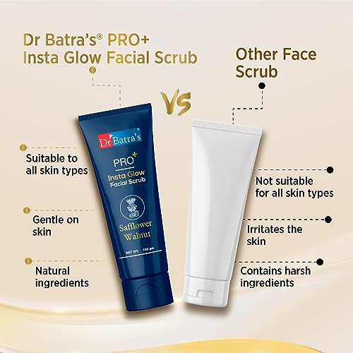 Dr Batra's PRO+ Insta Glow Facial Scrub. Unclogs Skin Pores. Brightens Skin Tone, Provides Even Complexion | With Echinacea, Safflower, Walnut 100 G.