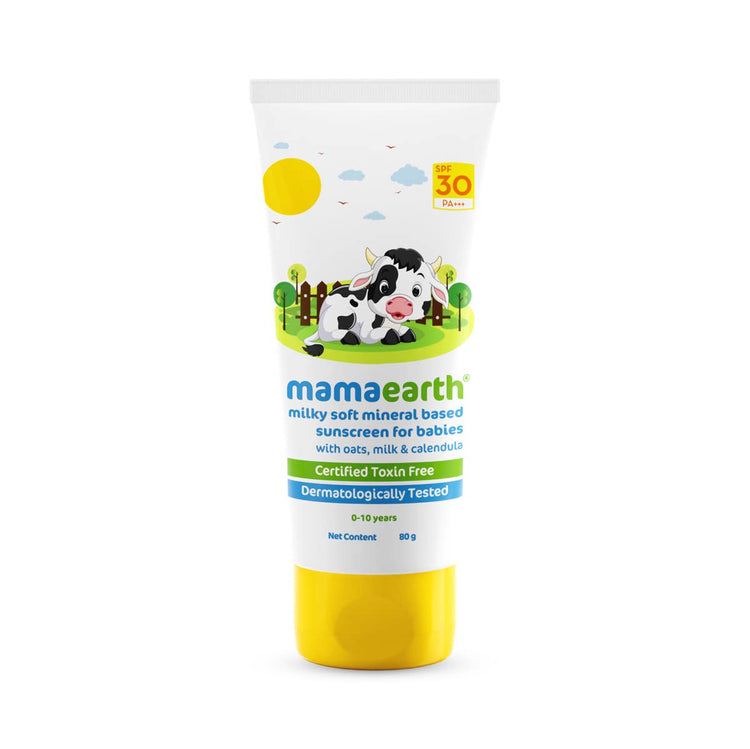 Mamaearth Milky Soft Mineral Based Sunscreen SPF 30 & PA+++ with Oats, Milk and Calendula for Babies- 80 g | Made Safe Certified | Toxin Free