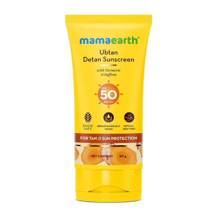 Mamaearth Ubtan Detan Sunscreen With Turmeric & Saffron - 50 g | SPF 50 & PA++++ For UVA/B Protection | Removes Tan | Brightens Skin | Non-Greasy & Lightweight | No White Cast | For All Skin Types