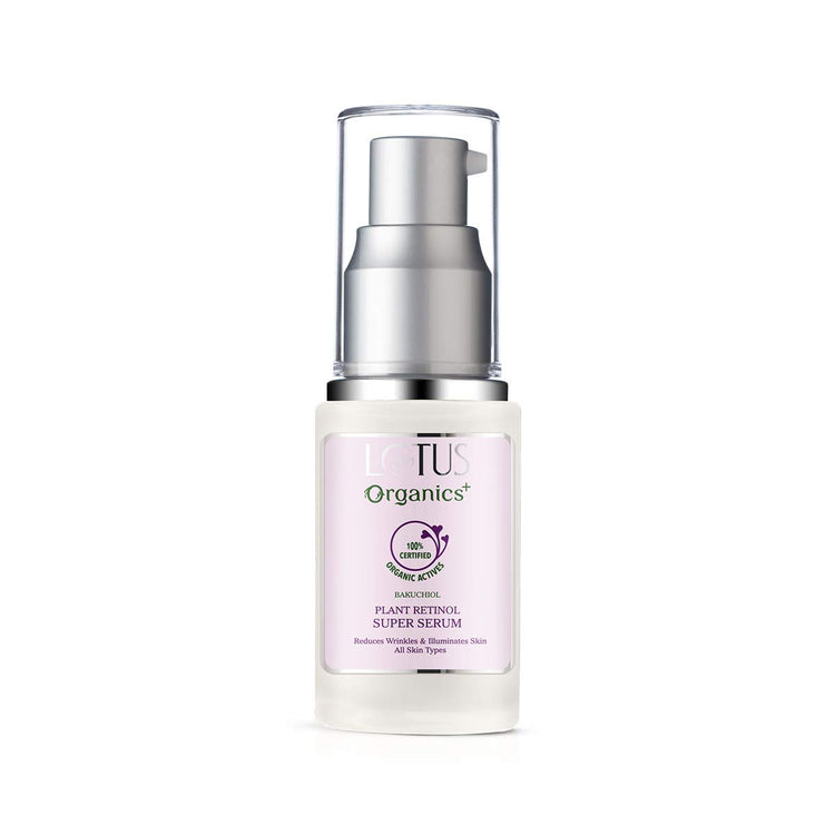 Lotus Organics+ Bakuchiol Plant Retinol Face Serum skin brightening radiance reduces wrinkles preservative free 30 ml, Pink, 1 count.