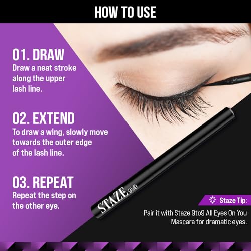 Staze 9To9 All Eyes On You Smudgeproof + Waterproof Liner |16H Long Stay | Smudgeproof & Water-Proof | Ultra-Pigmented Intense Black Matte Finish Gel | 01 Blackest Black | 1.8Ml