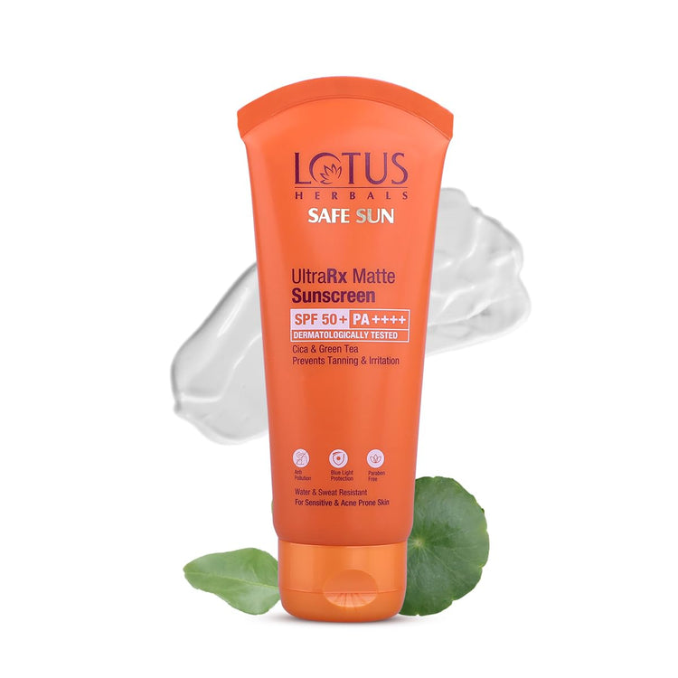 Lotus Herbals Safesun UltraRx Matte Sunscreen SPF 50 PA++++ | Cica & Green Tea | Water & Sweat Resistant | No White Cast | Dermatologically Tested | 50gm