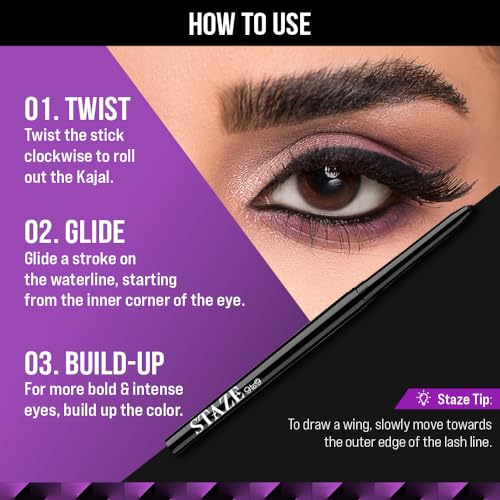 Staze 9To9 All Eyes On You Smudgeproof + Waterproof Pencil Kajal | 24H Long Stay | Ultra-Pigmented Intense Black Matte Finish | 01 Blackest Black | 0.3G