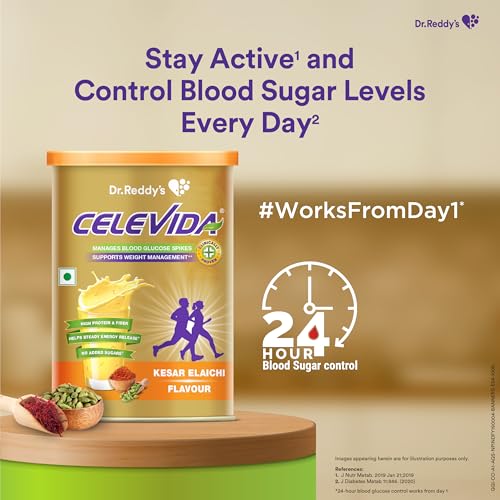 Celevida Protein Powder Drink for Diabetes Management by Dr. Reddy’s | Kesar Elaichi Flavour | No Added sugar | Plant based | For Sugar control, Weight Management & Immunity Support | 400gm I Pack of 1