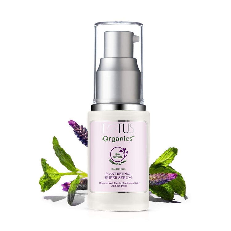 Lotus Organics+ Bakuchiol Plant Retinol Face Serum skin brightening radiance reduces wrinkles preservative free 30 ml, Pink, 1 count.