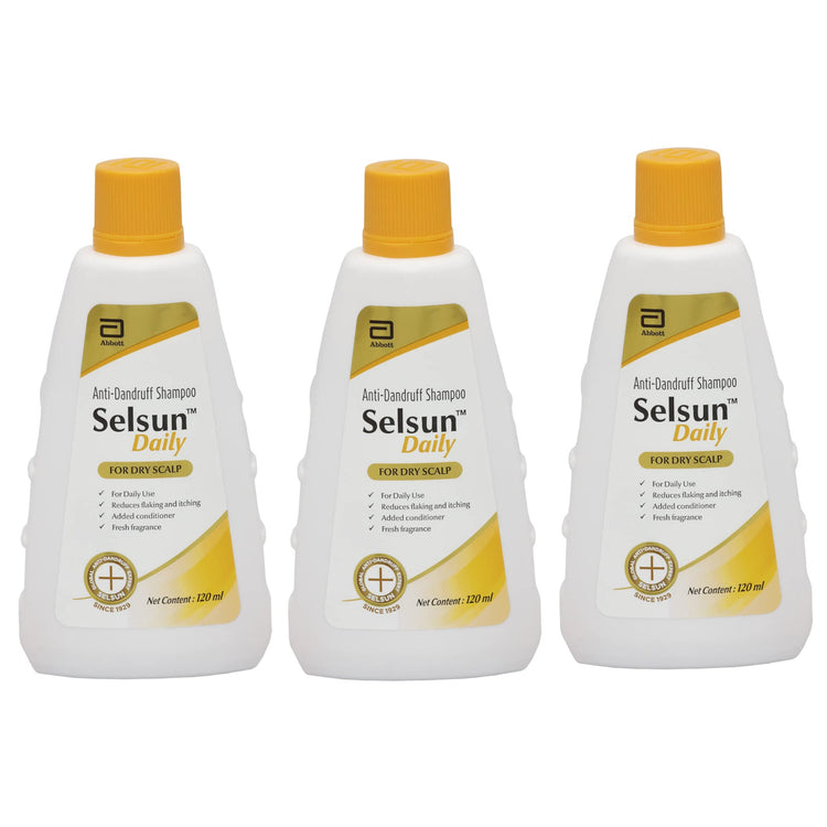 Abbott Selsun Selsun Daily Anti Dandruff Shampoo, Clears Away Dandruff Flakes, Relieves From Dandruff Related tching, Conditions Hair (Pack Of 3, 120Ml Each)