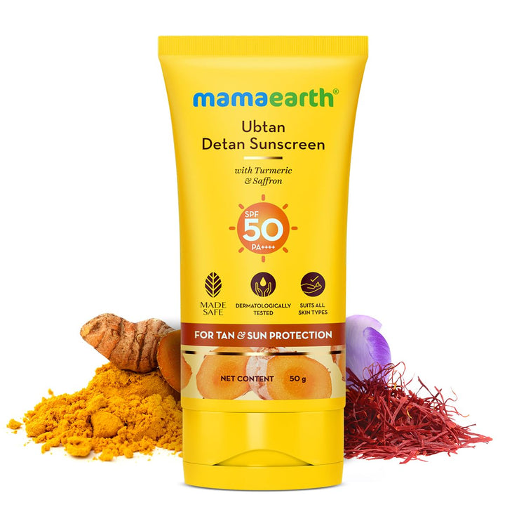 Mamaearth Ubtan Detan Sunscreen With Turmeric & Saffron - 50 g | SPF 50 & PA++++ For UVA/B Protection | Removes Tan | Brightens Skin | Non-Greasy & Lightweight | No White Cast | For All Skin Types