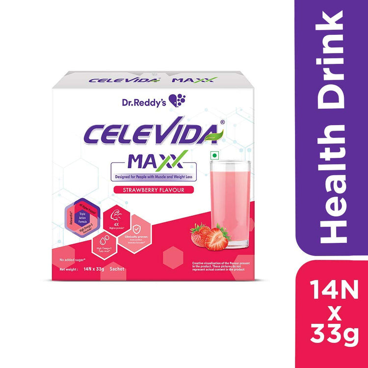 Celevida Maxx Dr. Reddy’s - High-Protein and Immunity Supplement to support muscle health and immunity | Strawberry Flavour | 462 gms (14 sachets x 33g)