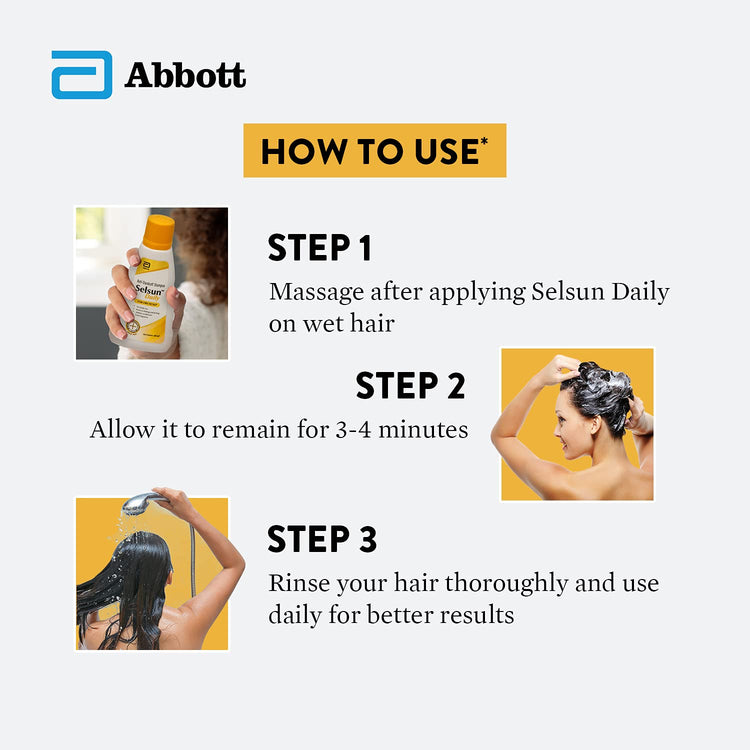 Abbott Selsun Selsun Daily Anti Dandruff Shampoo, Clears Away Dandruff Flakes, Relieves From Dandruff Related tching, Conditions Hair (Pack Of 3, 120Ml Each)